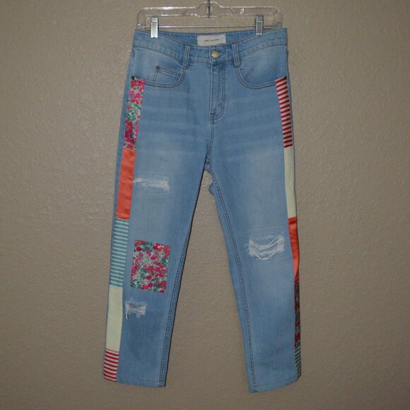 NWOT Sz 4 Hellessy Patchwork Embelished Distressed Slim-Leg Ankle Jeans - Picture 1 of 6